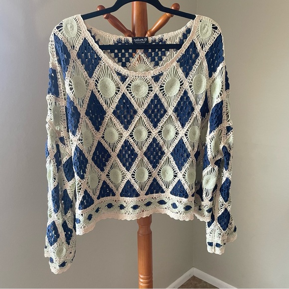 natura Tops - Natura Crochet Top Women’s L/XL Relaxed Wide Sleeve Boat Neck Boho Hippie Granny